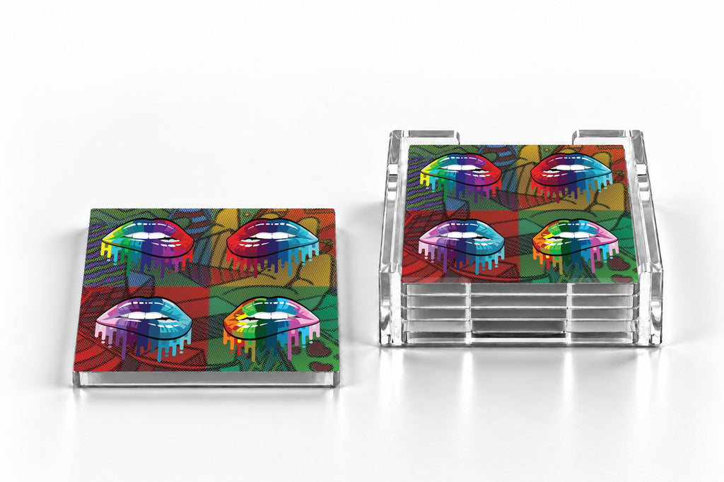 4 Lip Pattern acrylic coaster set and holder